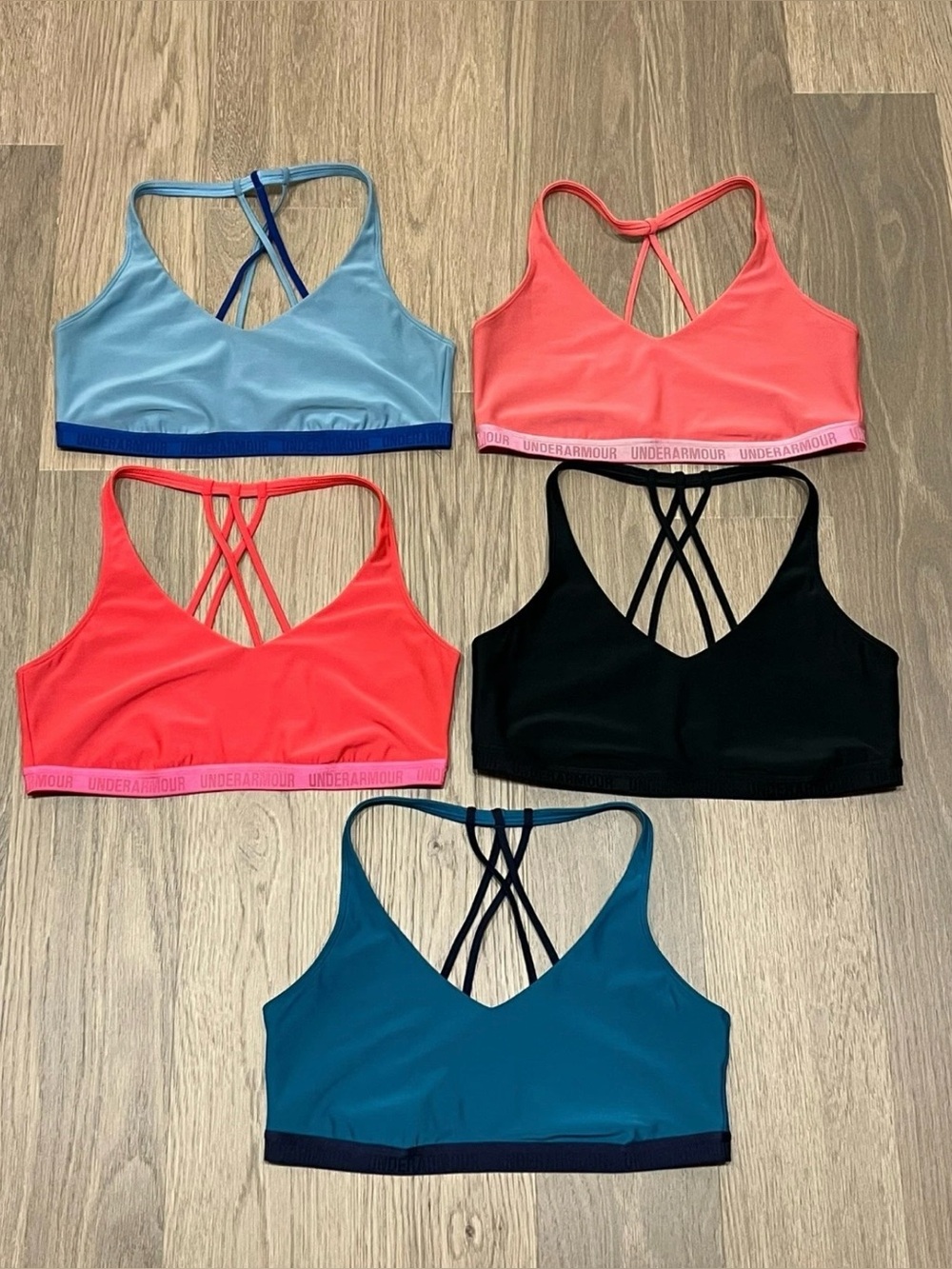 XL Womens UNDER ARMOUR Strappy Yoga Sports Bra Lot 5 Bras Set Fitness Gym Black